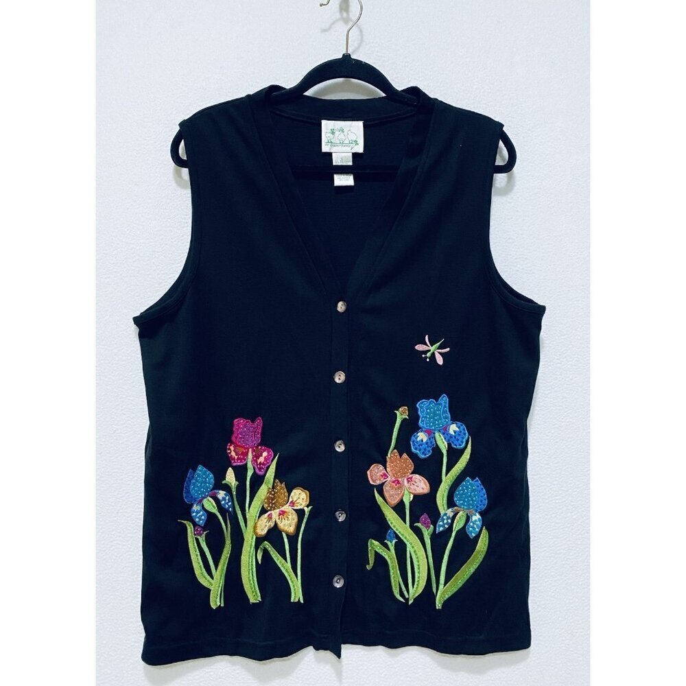 Quacker Factory Vest Womens Large Black Floral Embroidered Cottagecore Granny